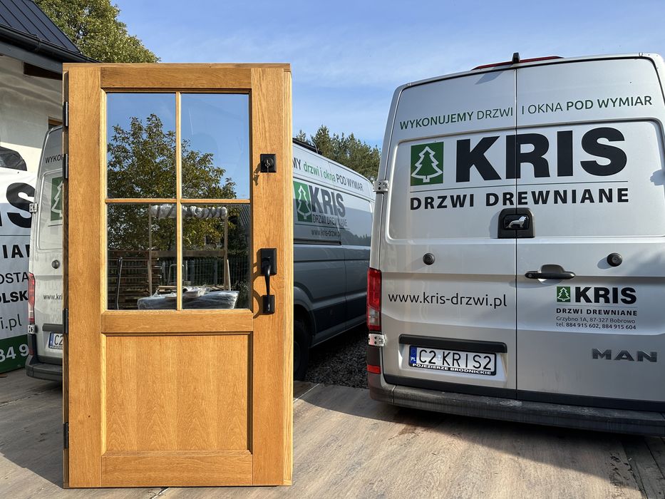 Drzwi zewnętrzne drewniane z klamką Schlage na wymiar Czyste powietrze