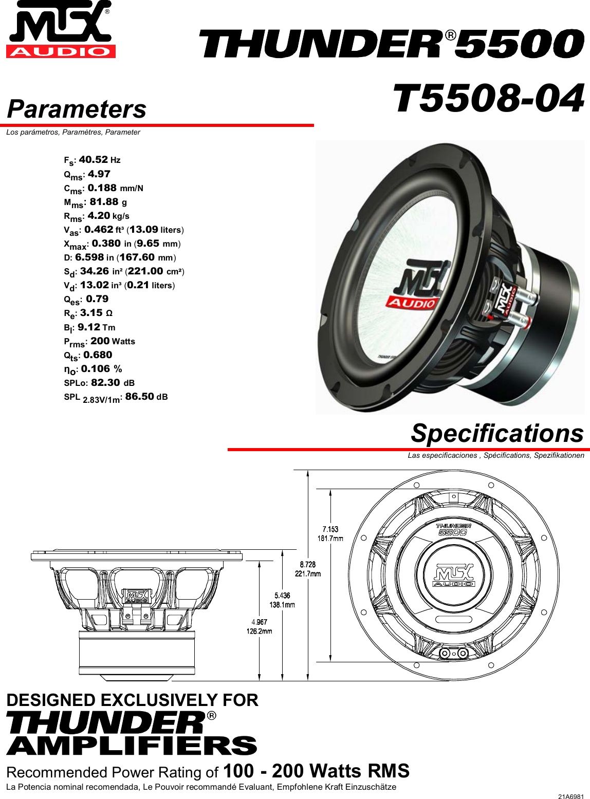 Сабвуфер пасивний, MTX Audio, Tunder 5500, T5508-04, 200W.