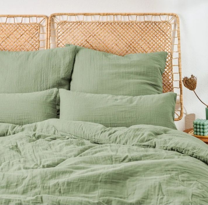 Zielona muśliniwa bawełniana pościel 200x200 cm 2x 40x80 cm