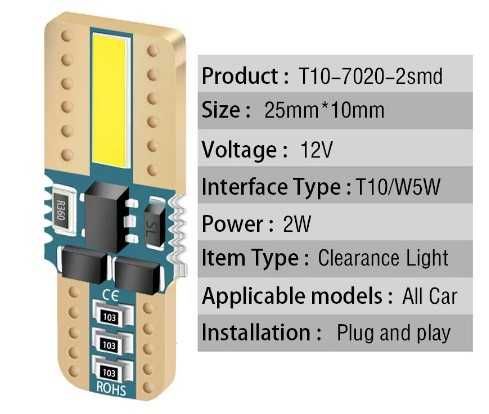 2шт T10 w5w Світлодіодна лампочка Canbus Free 6000K Білий 194 168 2825