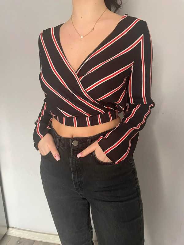 Bluzka dekolt w serek V koszula crop top z długim rękawem