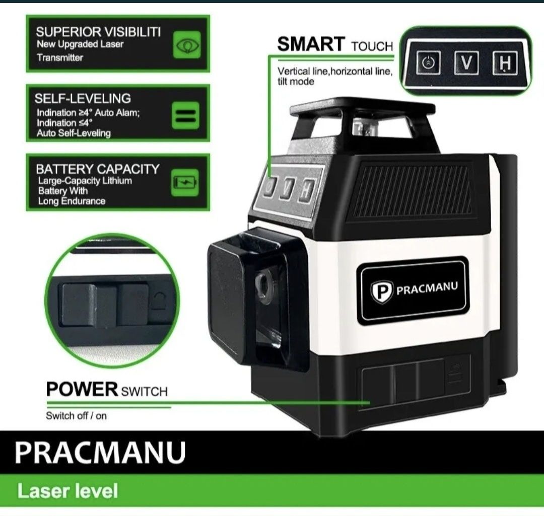 Poziomica laserowa Pracmanu 12 linii 3D laserem krzyżowym 360 Laser
