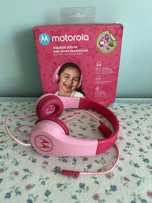 różowe dziecięce przewodowe słuchawki nauszne Motorola jack