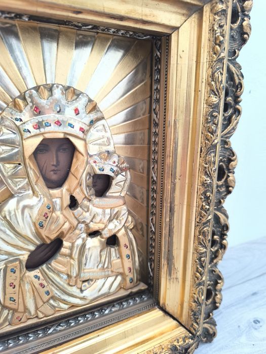 Piękna stara oryginalna XIX wieczna ikona Matki boskiej częstochowskie