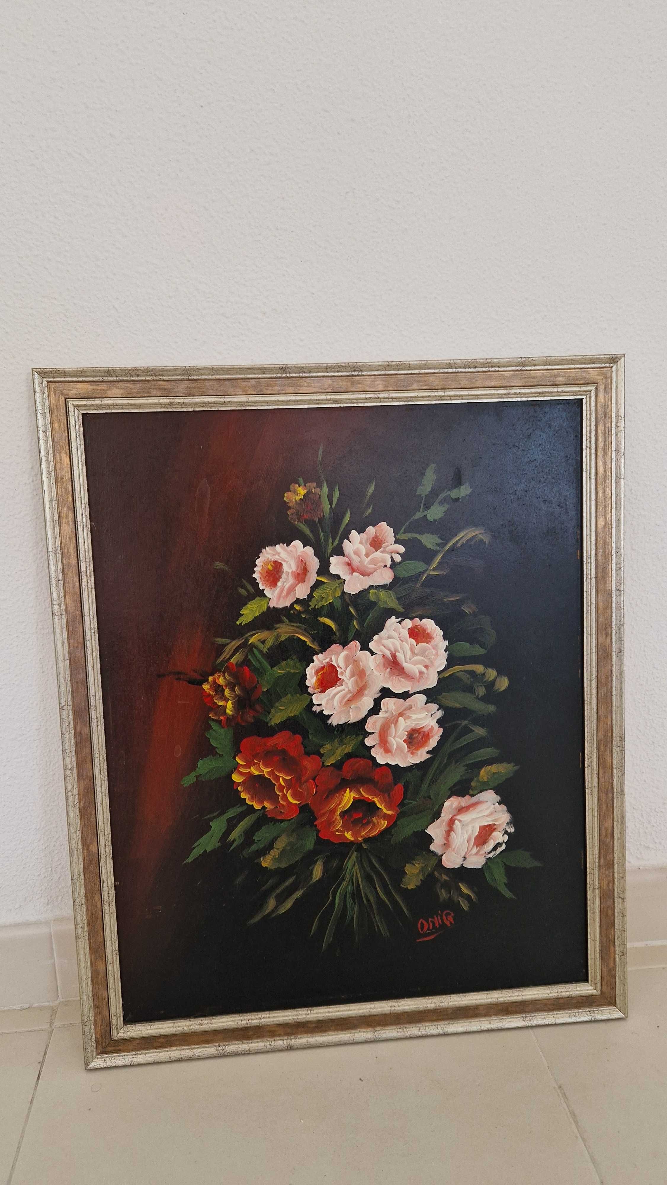 Quadro vintage motivo floral com moldura e suportes para parede