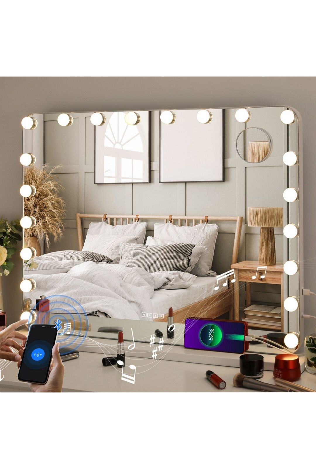 Lustro LED 58x46cm wbudowane głośniki, połączenie bluetooth,stacja USB