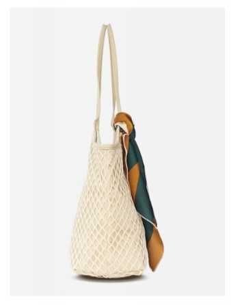 Duża torba letnia apaszka beżowa ażurowa plażowa lato wiosna