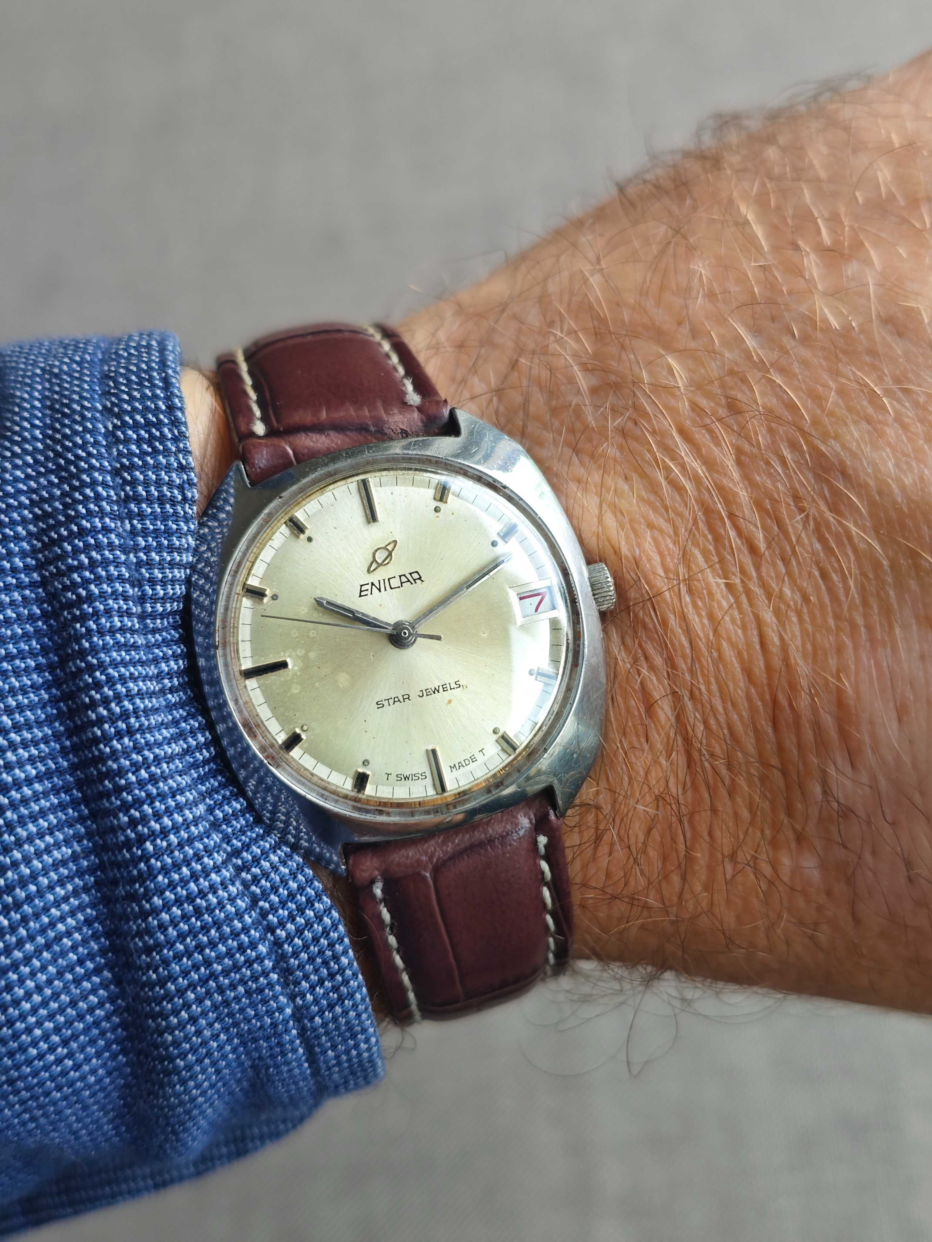 cały stalowy ENICAR mechaniczny zegarek nakręcany SWISS MADE retro