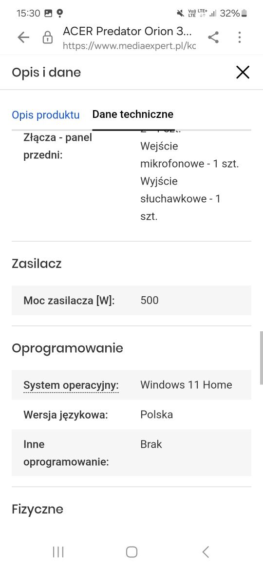 Komputer ACER Predator Orion 3000 PO3-630 i5-11400F 16GB RAM 512GB SSD