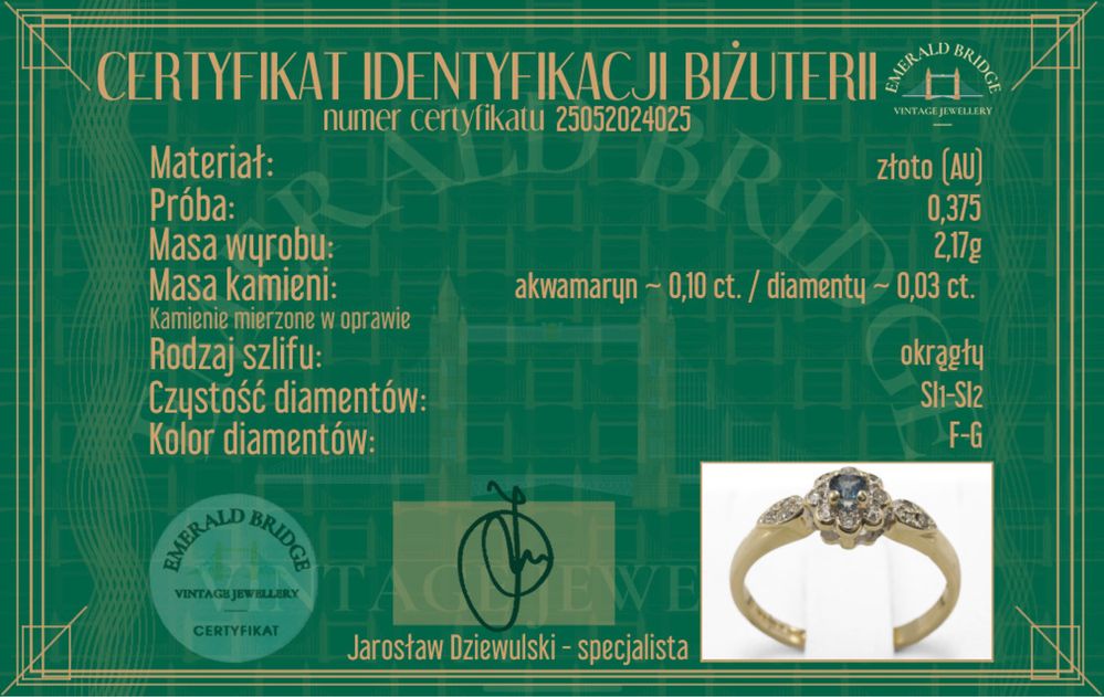 Złoty pierścionek 750 z szafirem 0,30ct i diamentami 0,10ct
