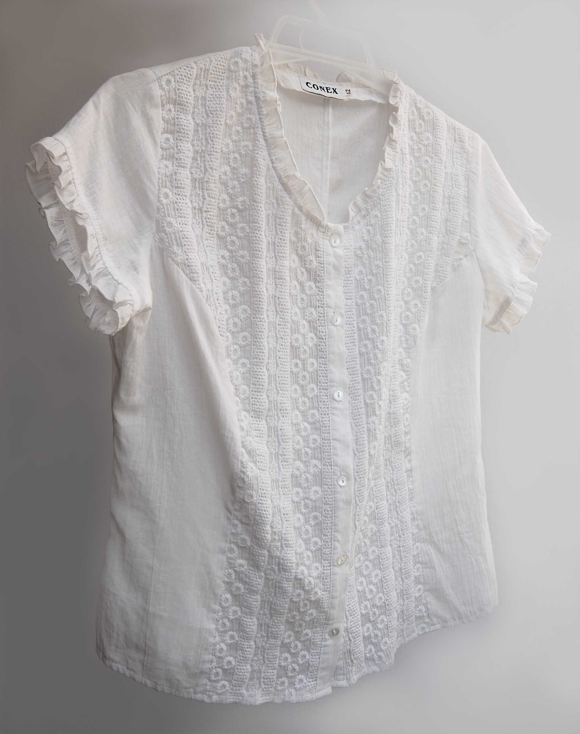 Biała bluzka z krótkim rękawem Conex 42 S M L haft bawełna
