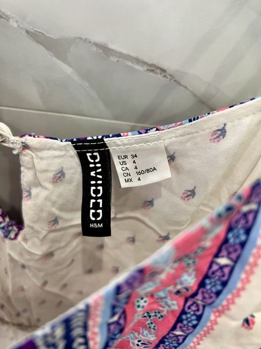 Sukienka maxi biała wzorki h&m xs różowa fioletowa dwa rozcięcia