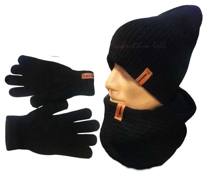 Komplet 3w1 zimowy czarny Czapka+Komin+rękawiczki Unisex Wrocław