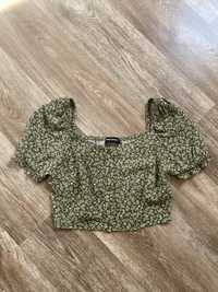 Crop top bluzka na guziki w kwiaty zielona aesthetic cottagecore