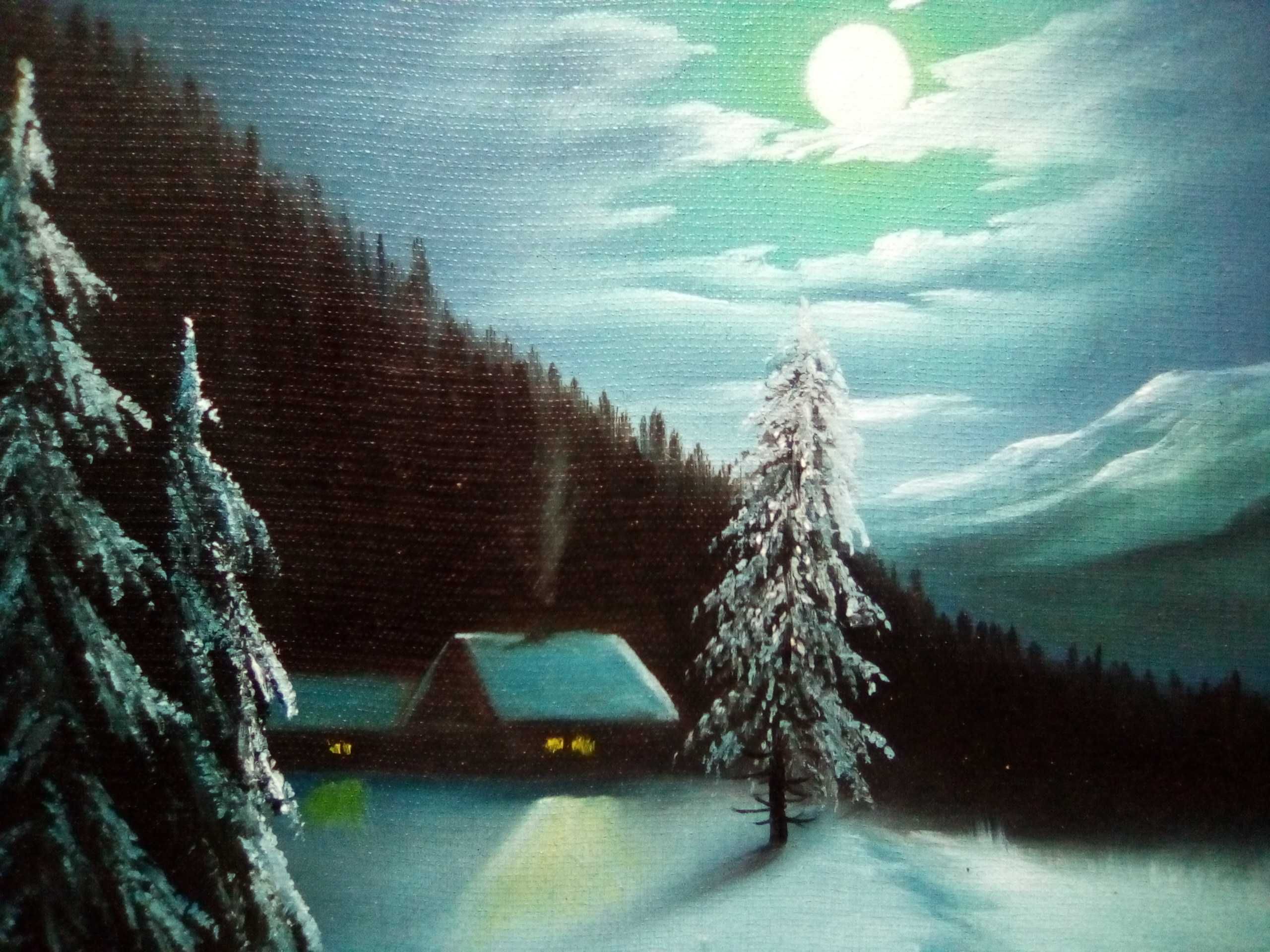Картина "Карпати" зима ніч олія маслом живопис розмір 38х38