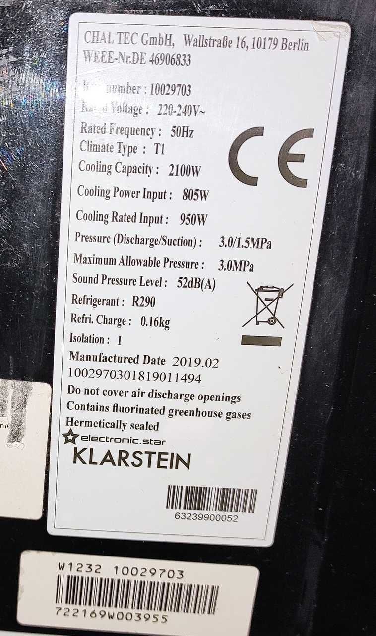 Мобільний кондиціонер Klarstein New Breeze 7 7000BTU 2,1 кВт