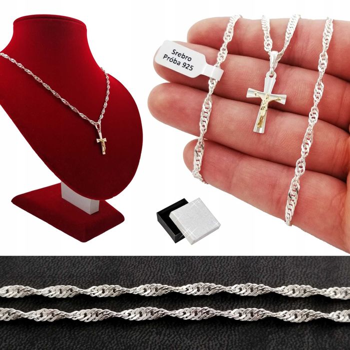 Srebrny łańcuszek singapur+krzyżyk 50cm srebro 925 GWARANCJA PREZENT