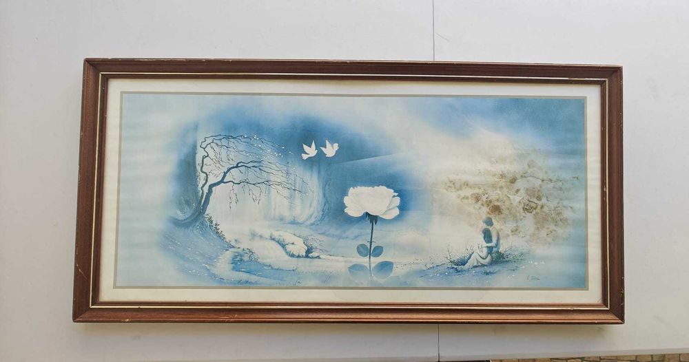 Quadro vintage grande (paisagem azul, casal e flor central)