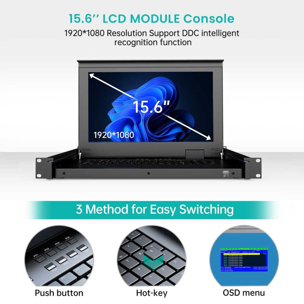 Konsola KVM VGA LCD 8 portów + monitor 15,6 cala