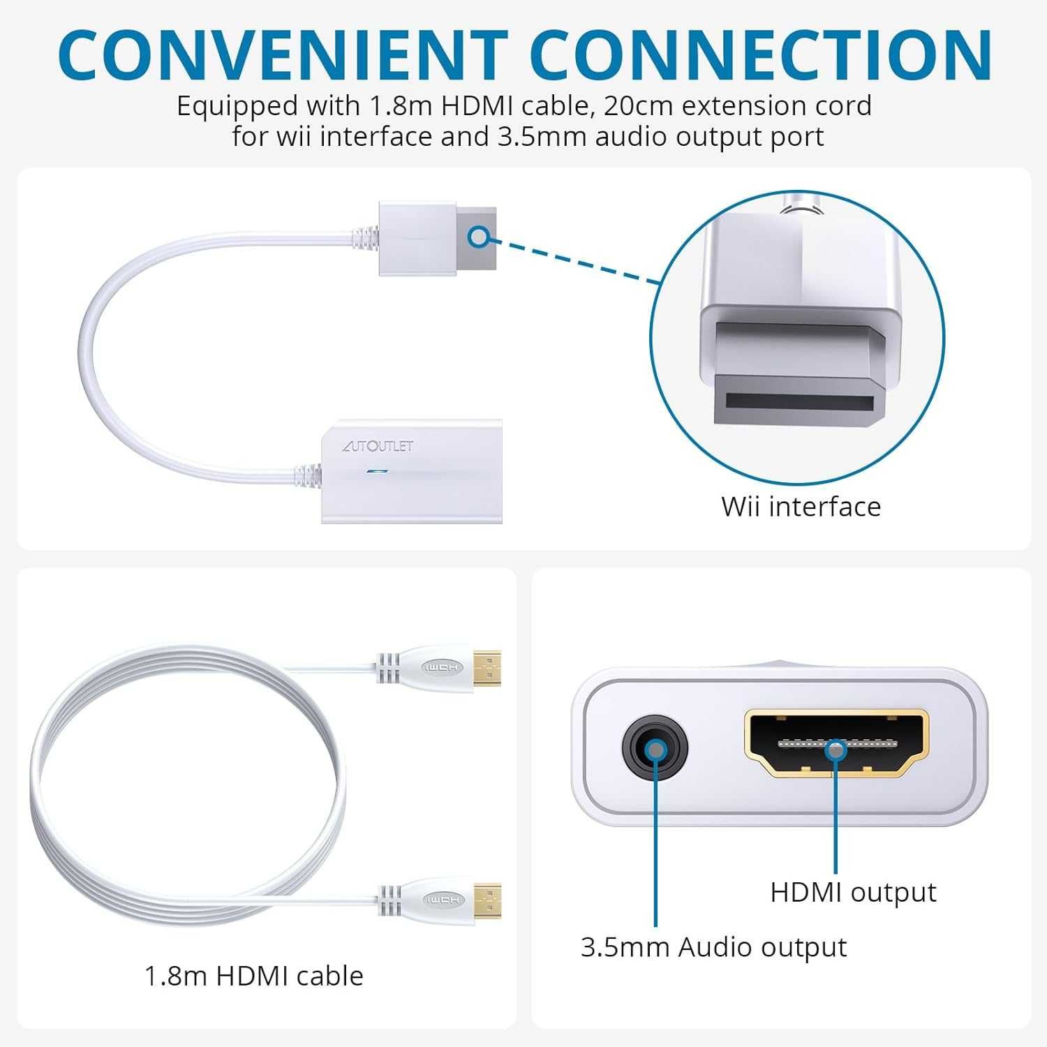 Konwerter Wii na HDMI 1080P z 2m kablem High Speed ​​HDMI