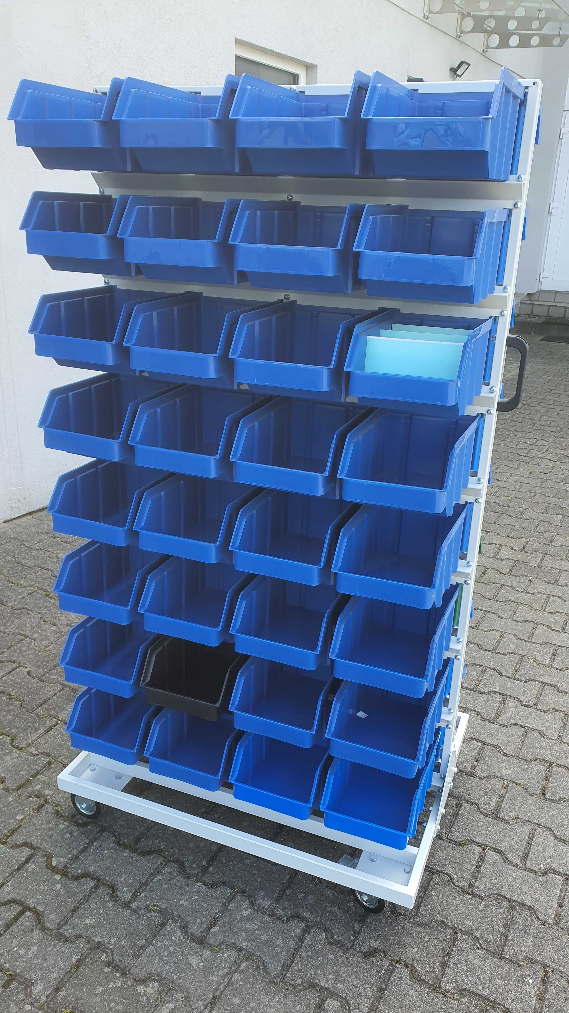 Regał magazynowy Q-BOX, dwustronny, z pojemnikami