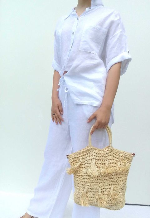 Nowa lniana biała koszula bluzka 100% len puro lino S M L uniwersalna