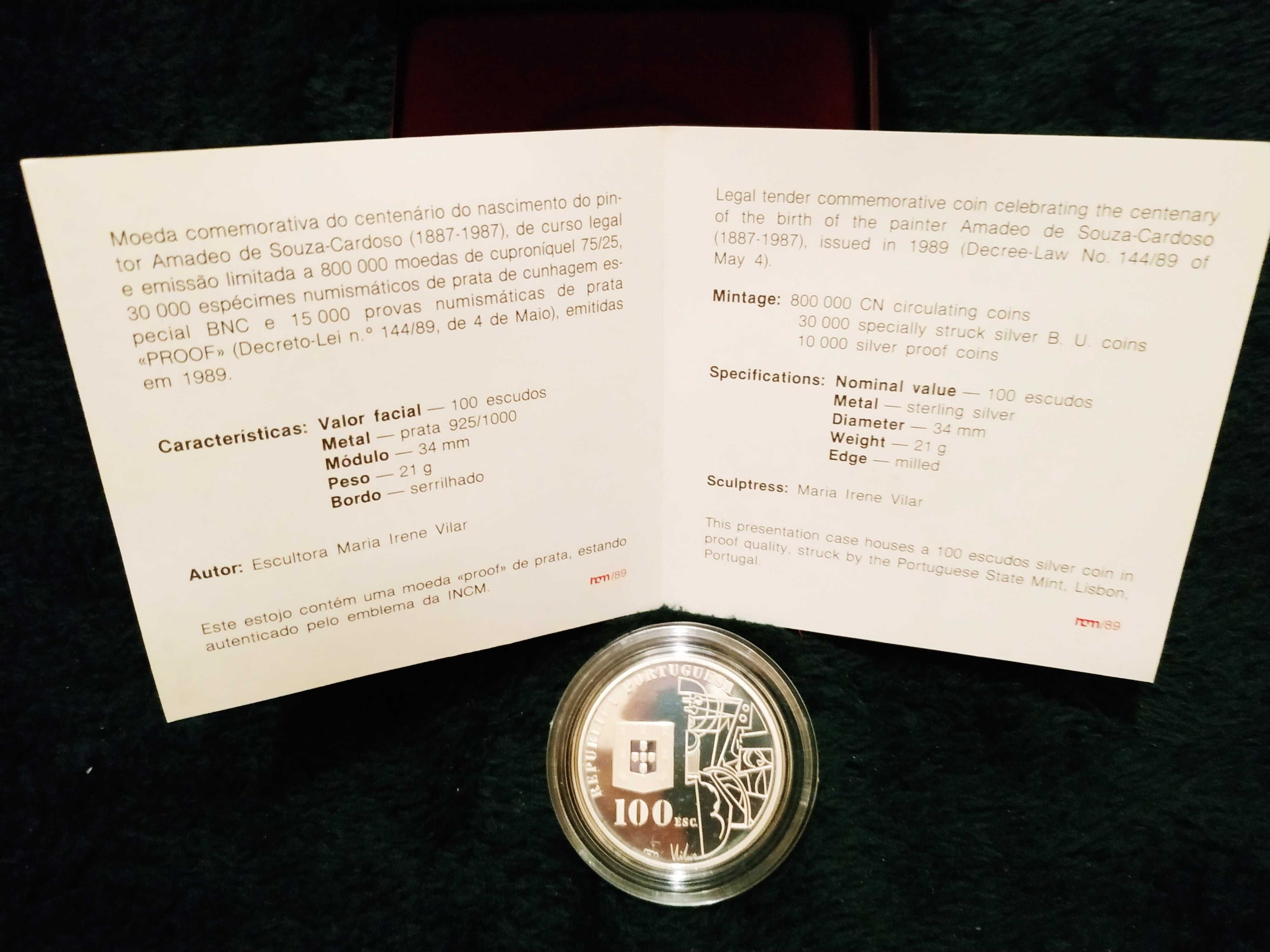 Moeda em prata proof de 100 escudos de 1987 Amadeo S. Cardoso (cx.+ctf