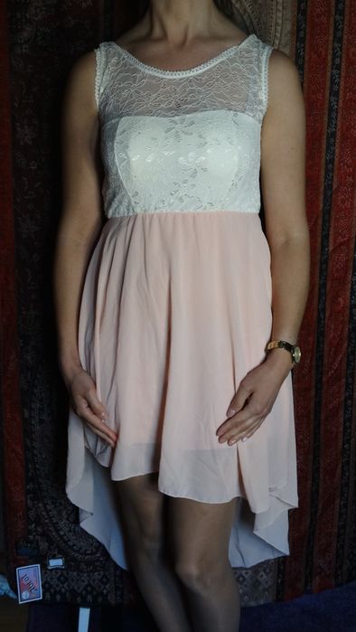 Romantyczna zwiewna sukienka koronkowa góra dół mgiełka halka S M