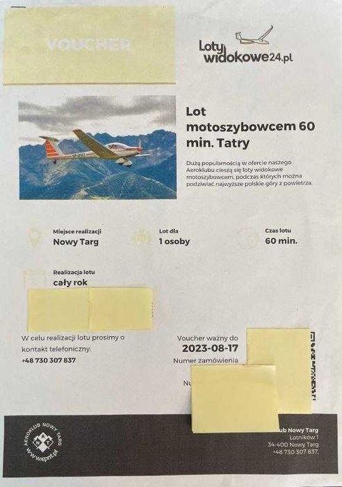 Sprzedam Voucher - Lot Motoszybowcem - Tatry - Rabat 30%