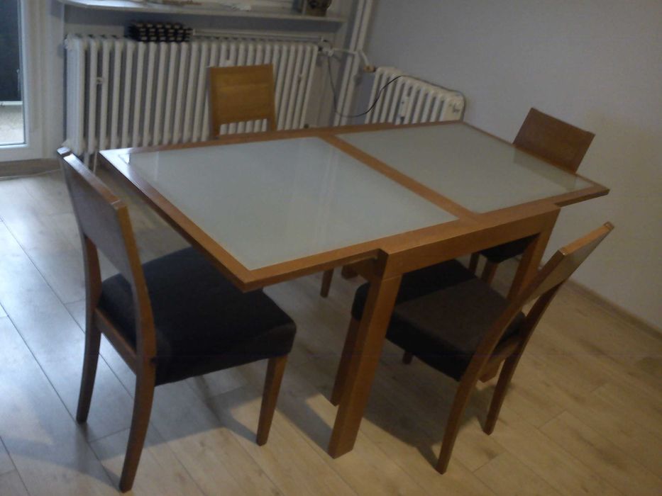 stół rozkładany 85x85 do 170! szklany + 5 krzeseł