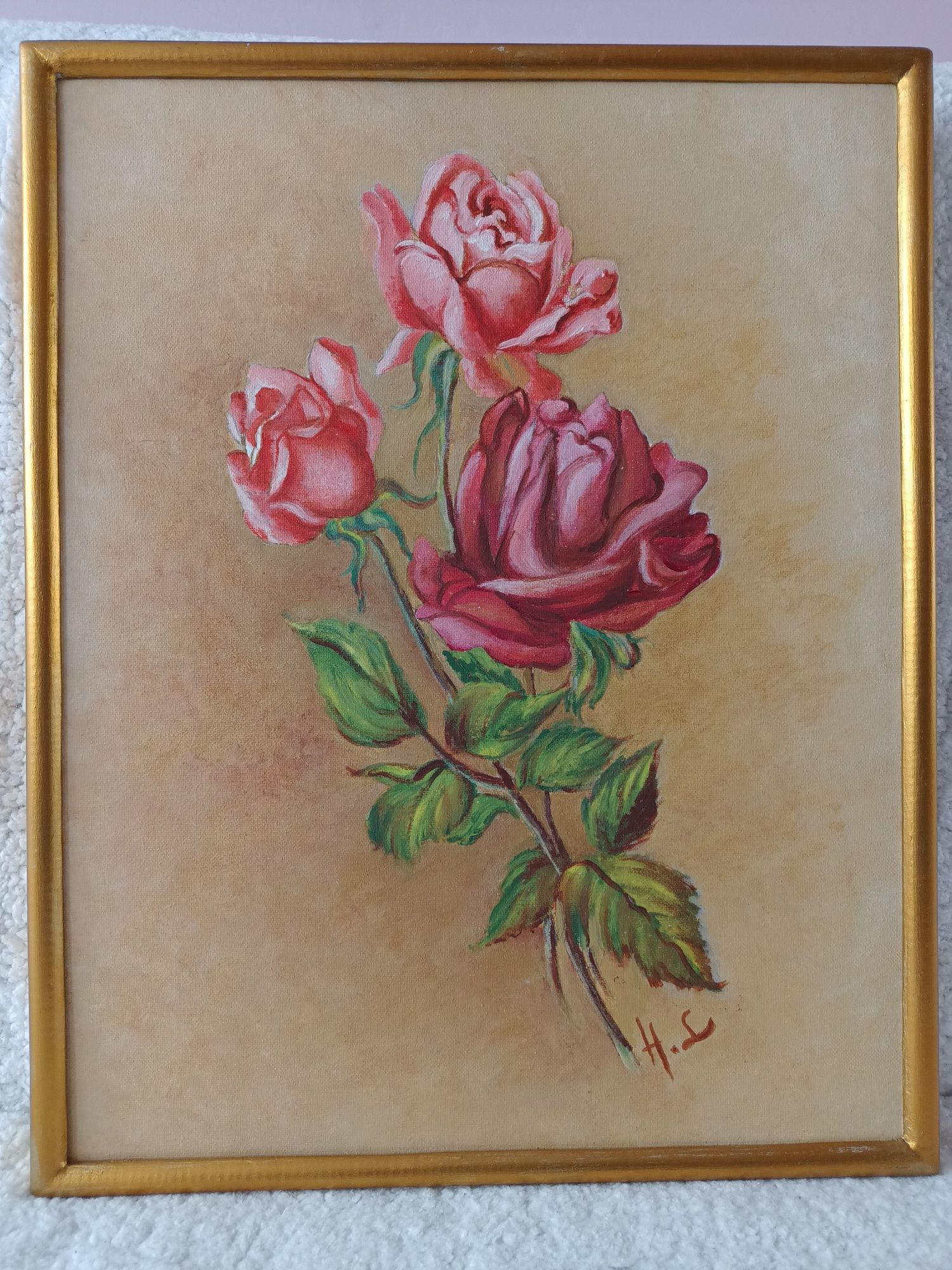 ,, Róże w złotej ramce" obraz H. Lange 51x40,5