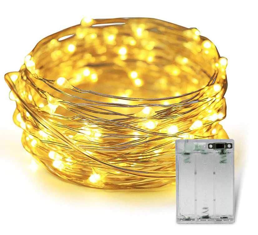LAMPKI DRUCIKI 100 LED Na Baterie BIAŁY CIEPŁY Drucik 10M Girlanda