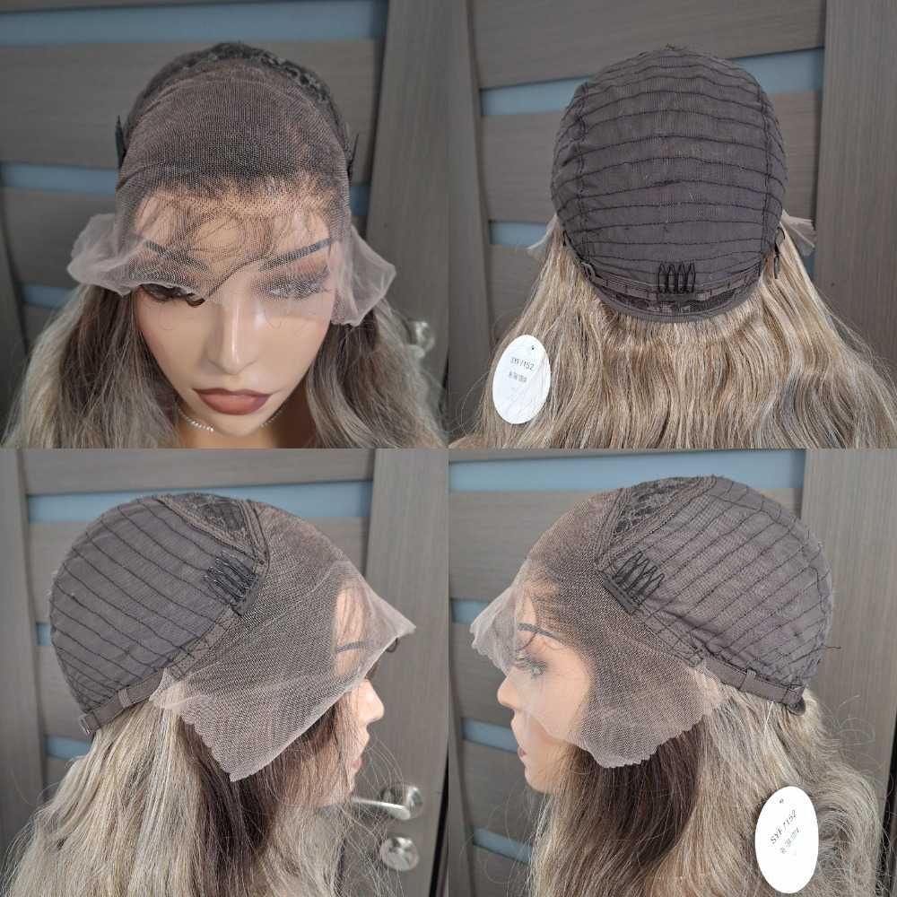 Peruca longa cacheada loira ombré com renda frontal
