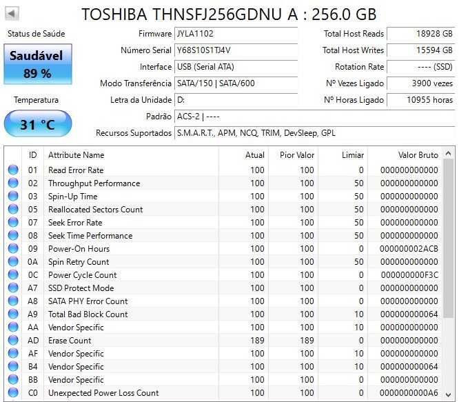 Disco TOSHIBA FRU: 04X4450 NVMe SSD M.2 2280 de 256GB