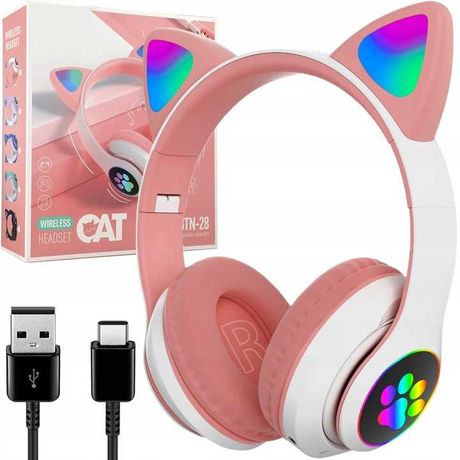 Słuchawki dla dzieci bezprzewodowe nauszne Gamingowe LED kocie uszy