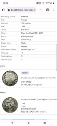 100 franków 1988 srebro