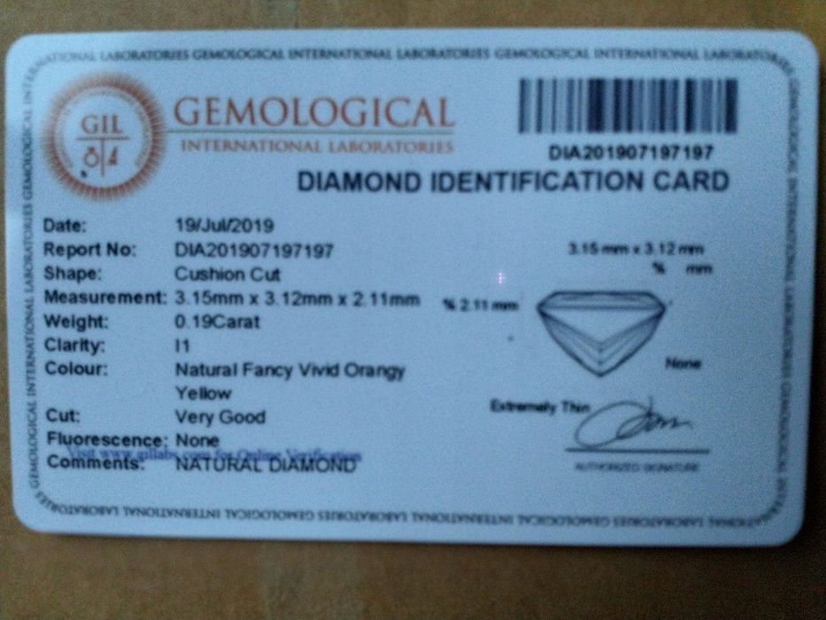 DIAMENT- BRYLANT- pomarańczowy , żółty - Certyfikat - GIL - 0.19 ct. -