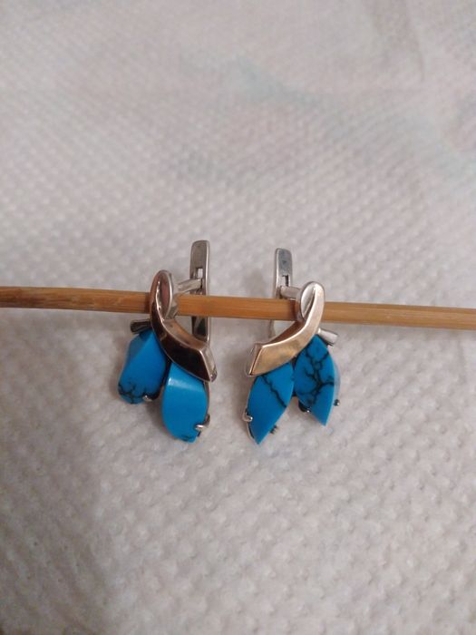 Сережки срібні з позолотою, з бірюзою