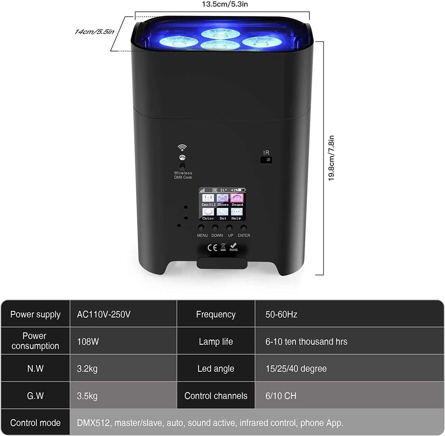 UKing 4szt  reflektor LED 108 W RGBWA + UV TORBA WiFi DMX 512 ZQ01528
