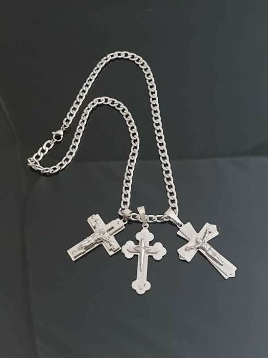 Posrebrzany komplet męski łancuszek I krzyż stal chirurgiczna  56 cm ‼