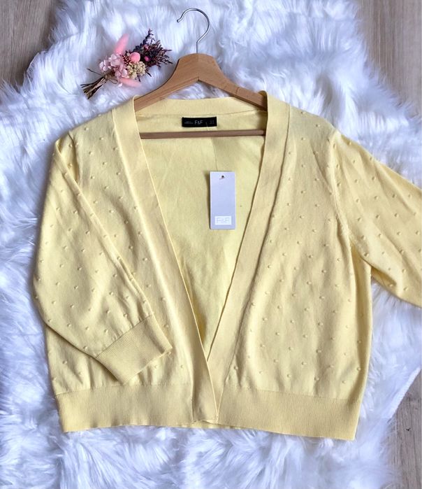 Żółty kardigan damski F&F, ażurowy sweter, bawełna pastelowy XXL, 44