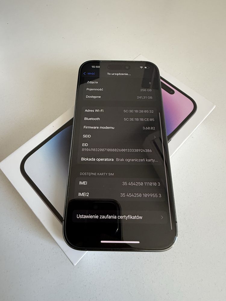 iPhone 14 Pro 256gb Deep Purple Idealny Bateria 100%