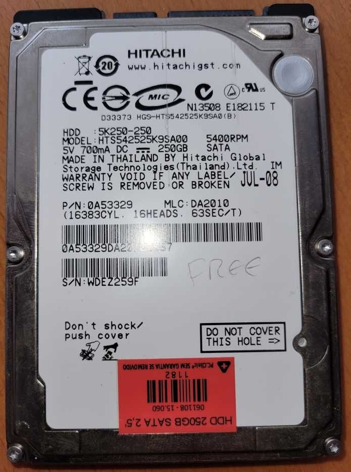 Disco rígido 2,5' (para portátil) Hitachi 250GB SATA