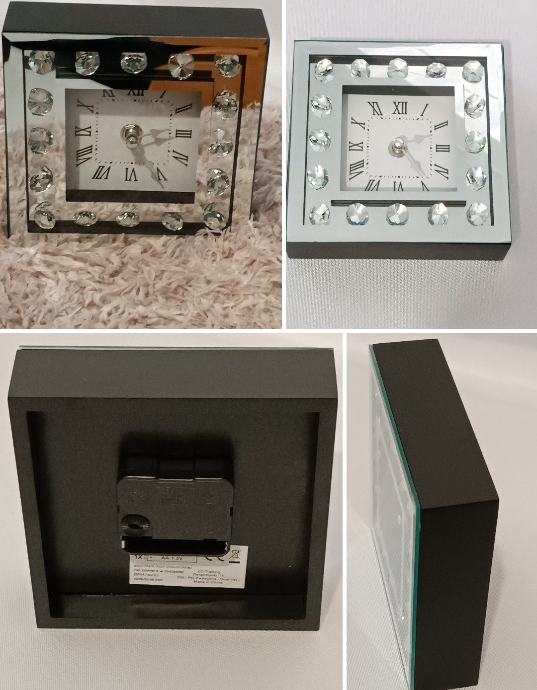 Zegar srebrny lustrzany z kryształkami 15 x 15 cm