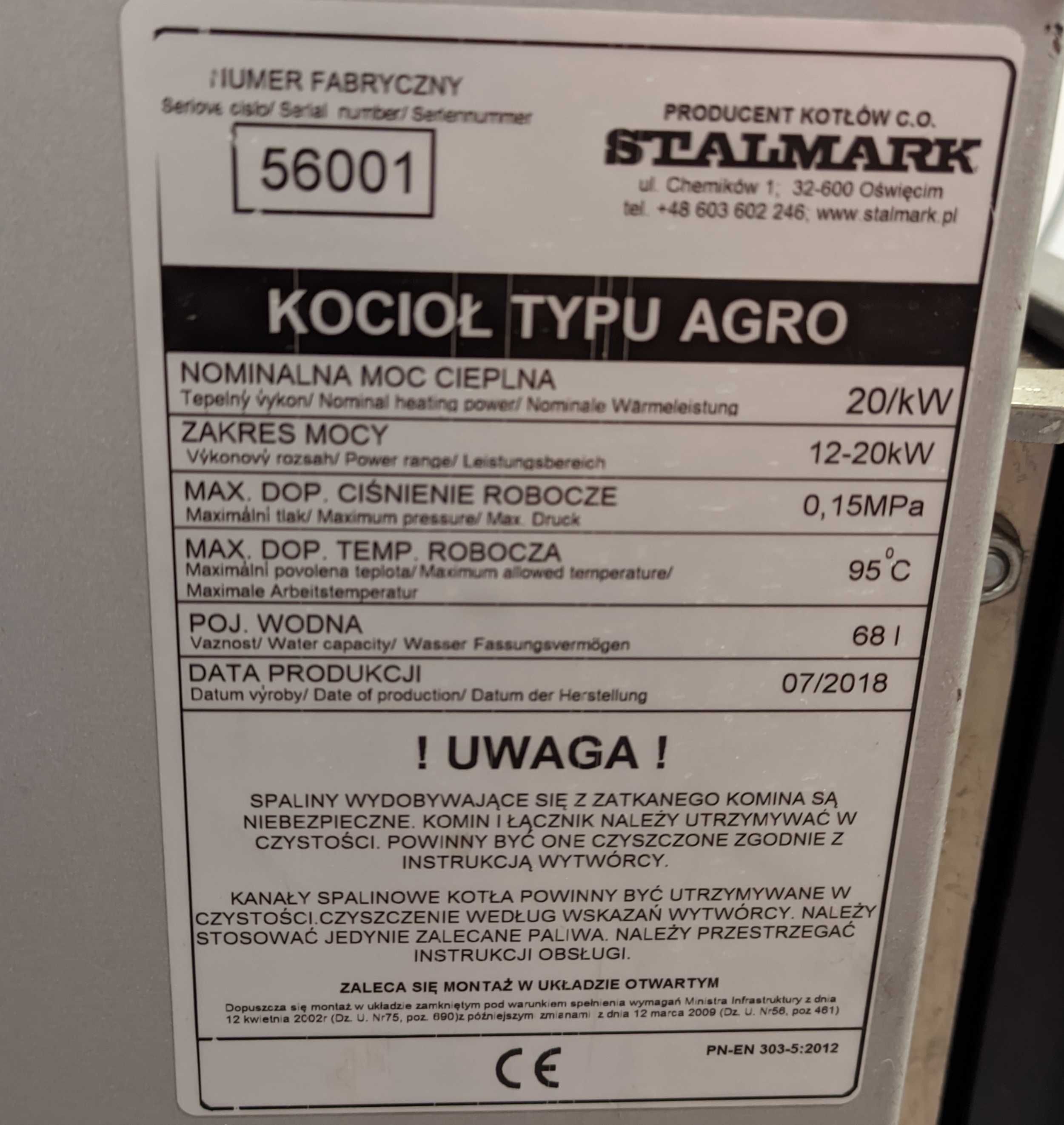Kocioł Stalmark Agro 20 kW, 2018r, nadmuch, komputer, drewno, węgiel