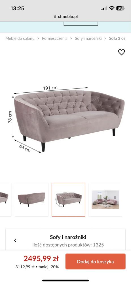 Kanapa sofa pikowana glamour 3 osobowa