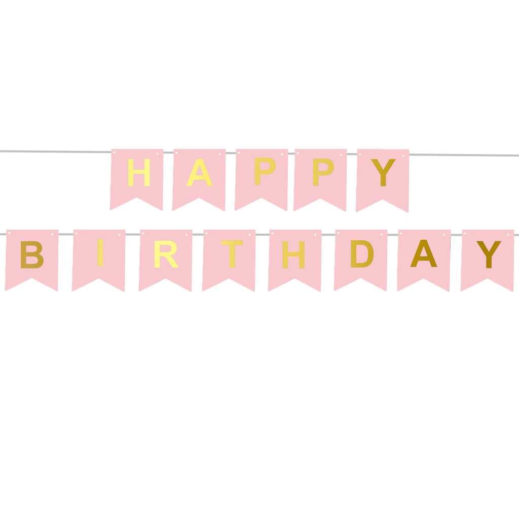 Girlanda baner HAPPY BIRTHDAY różowa ze złotym napisem urodziny