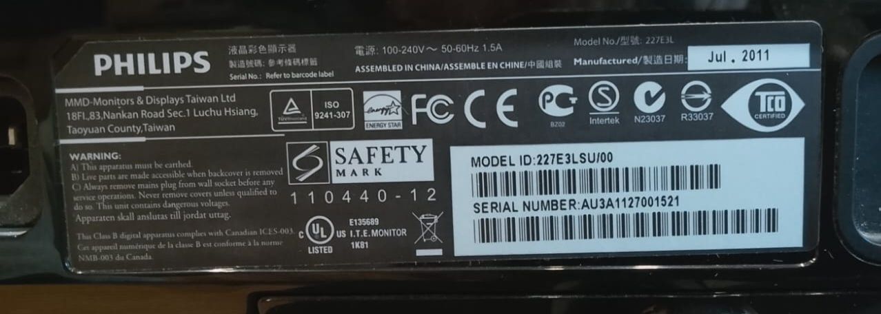 Monitor Philips model 227E3LSU/00