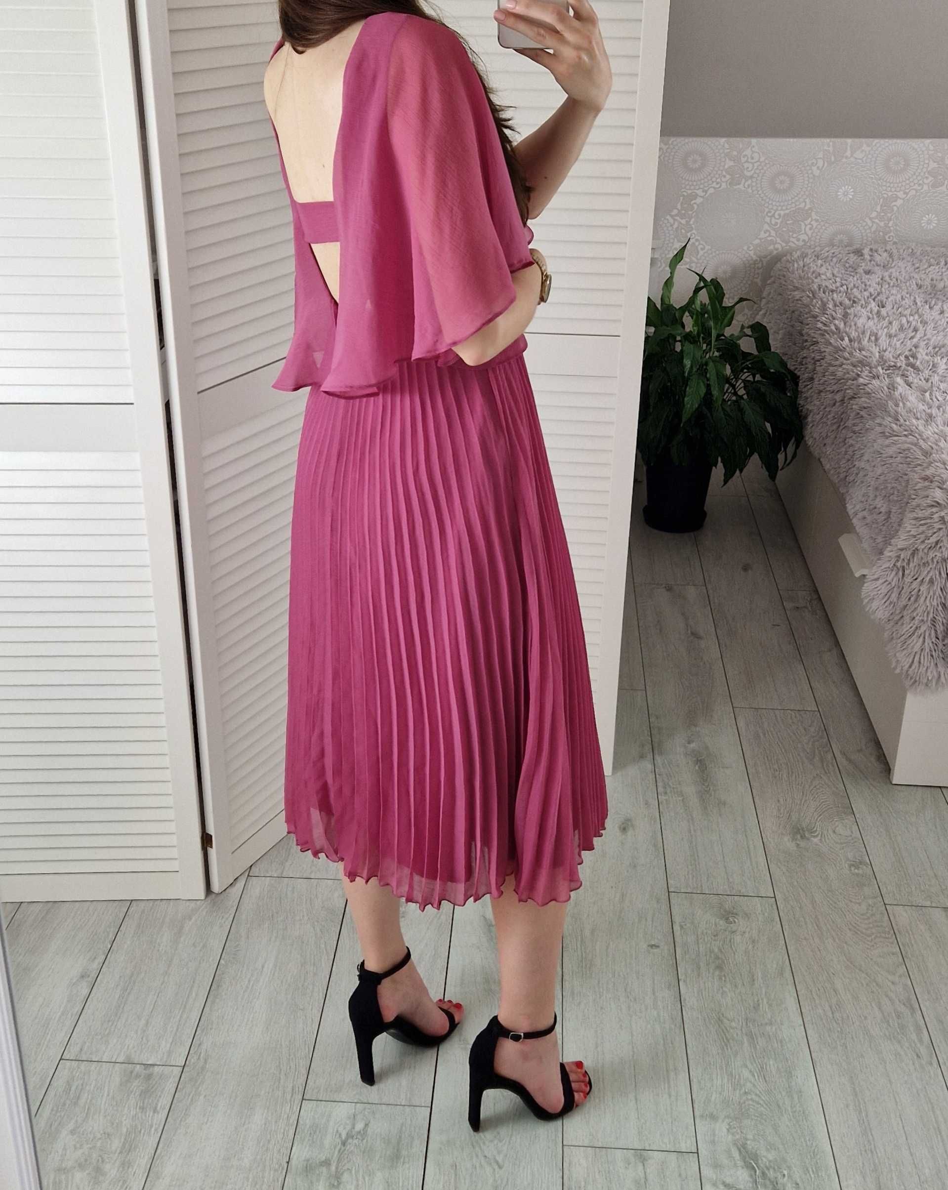 Asos różowa plisowana sukienka midi ze zwiewnymi rękawami wesele 36 S