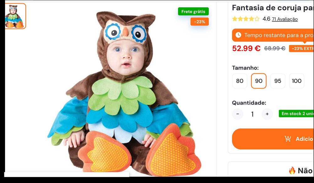 Disfarce Coruja - Criança 1 ano